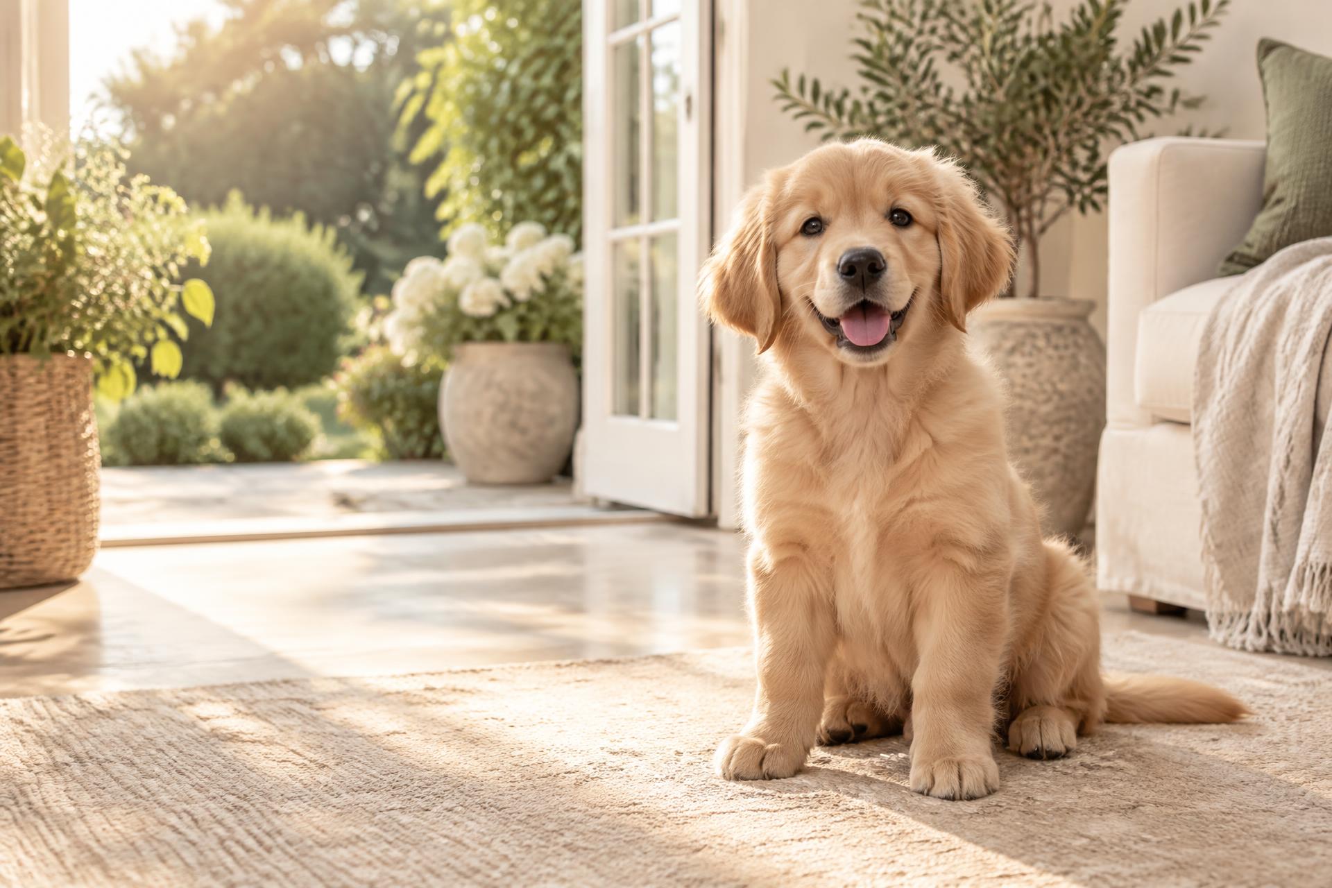 A joyful Golden Retriever puppy in a sunlit home